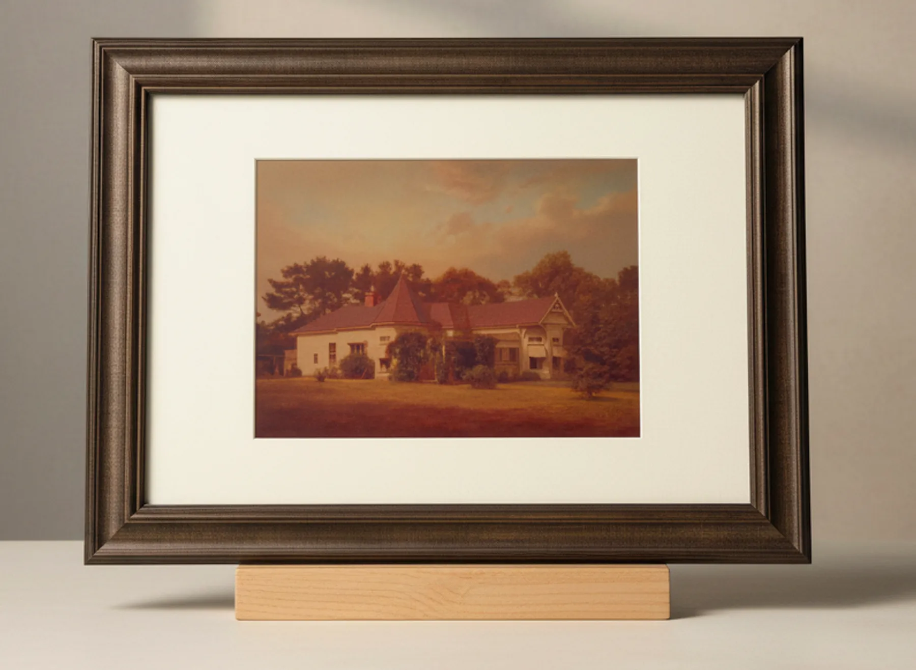The Homestead Frame in specially crafted solid pine with linen matting, displaying framed art on a matching pine stand